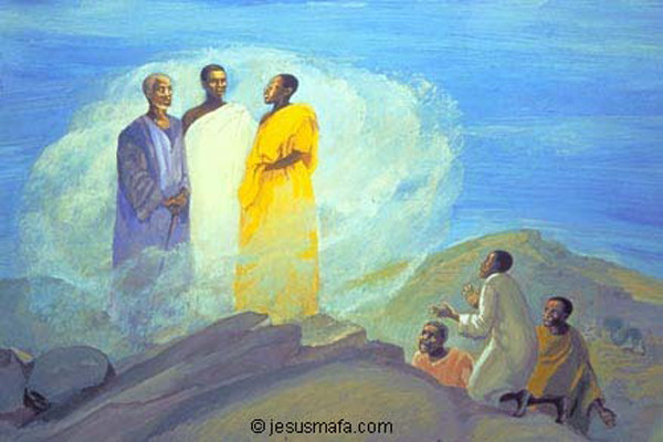 African painting of Jesus with Moses and Elijah and disciples kneeling down